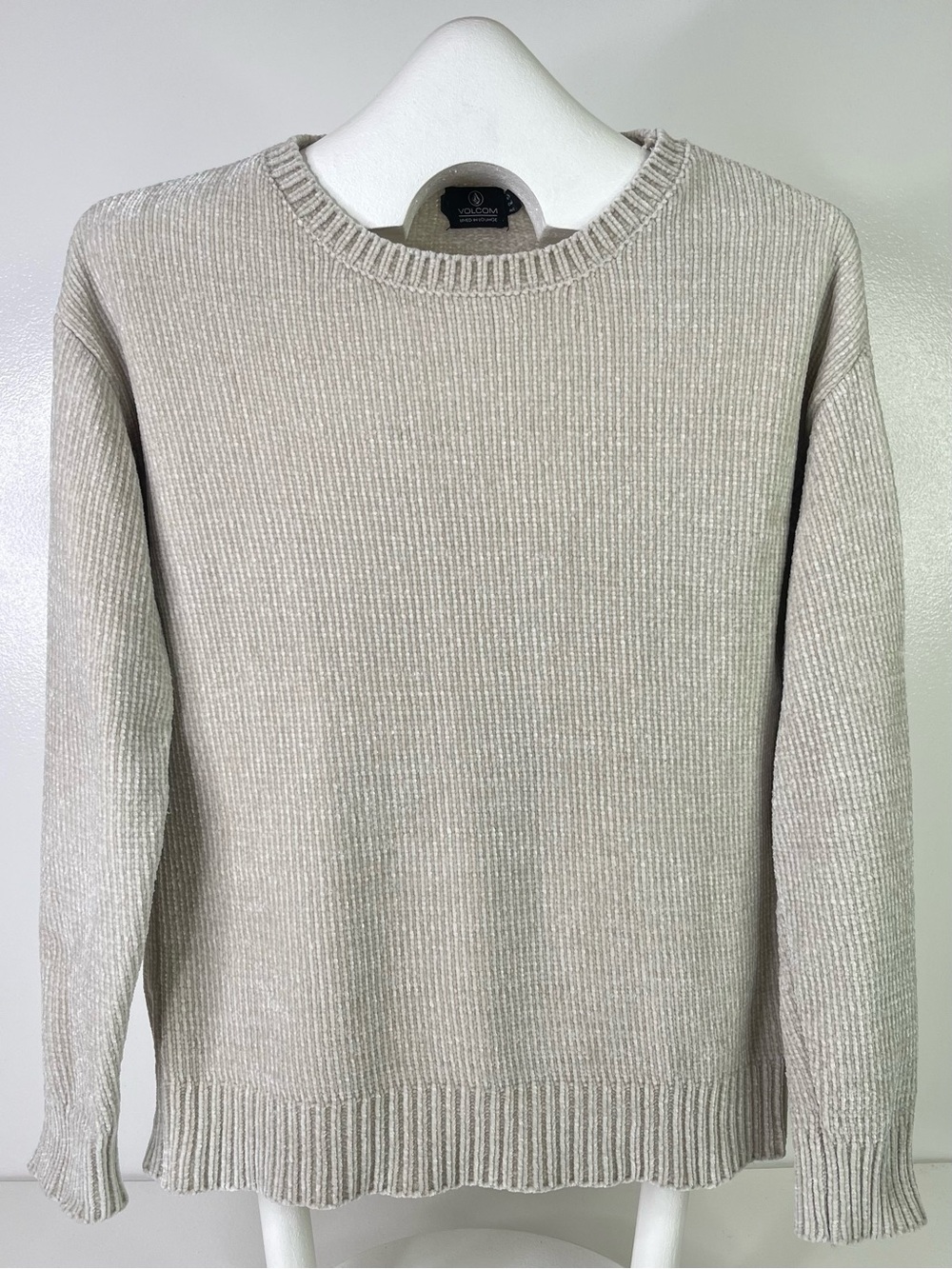 Volcom Womens XS Lived In Lounge Cream Beige Chenille Ribbed Knit Crew Sweater